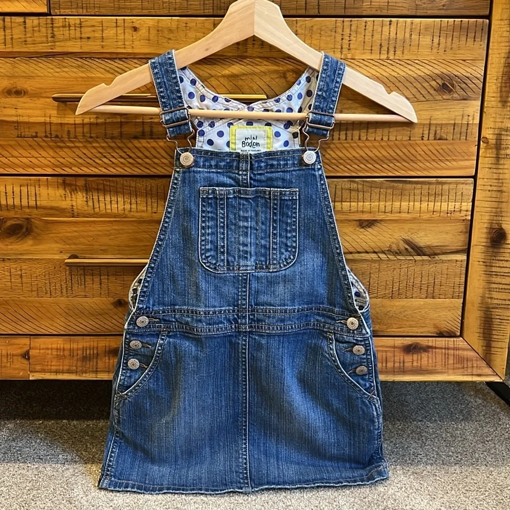 Mini Boden Girls Denim Dress Jumper Heart Pockets Girls - Picture 2 of 5